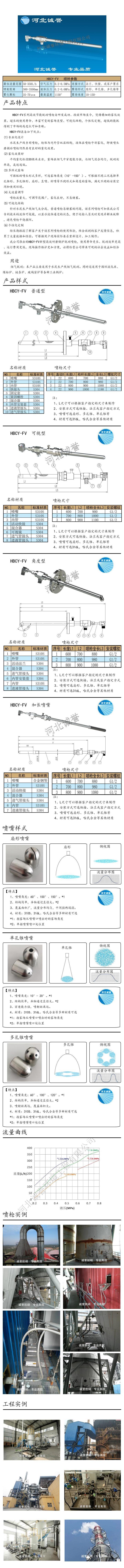 脫硝噴槍保護套、噴槍參數(shù)、材質(zhì)尺寸、流量分布圖、扇形空心錐俯視圖介紹，以及噴槍霧化視頻展示和工程案例介紹